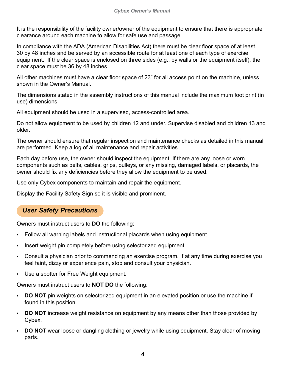 User safety precautions | Cybex 13060-999 VR1 Seated Leg Curl User Manual | Page 4 / 28