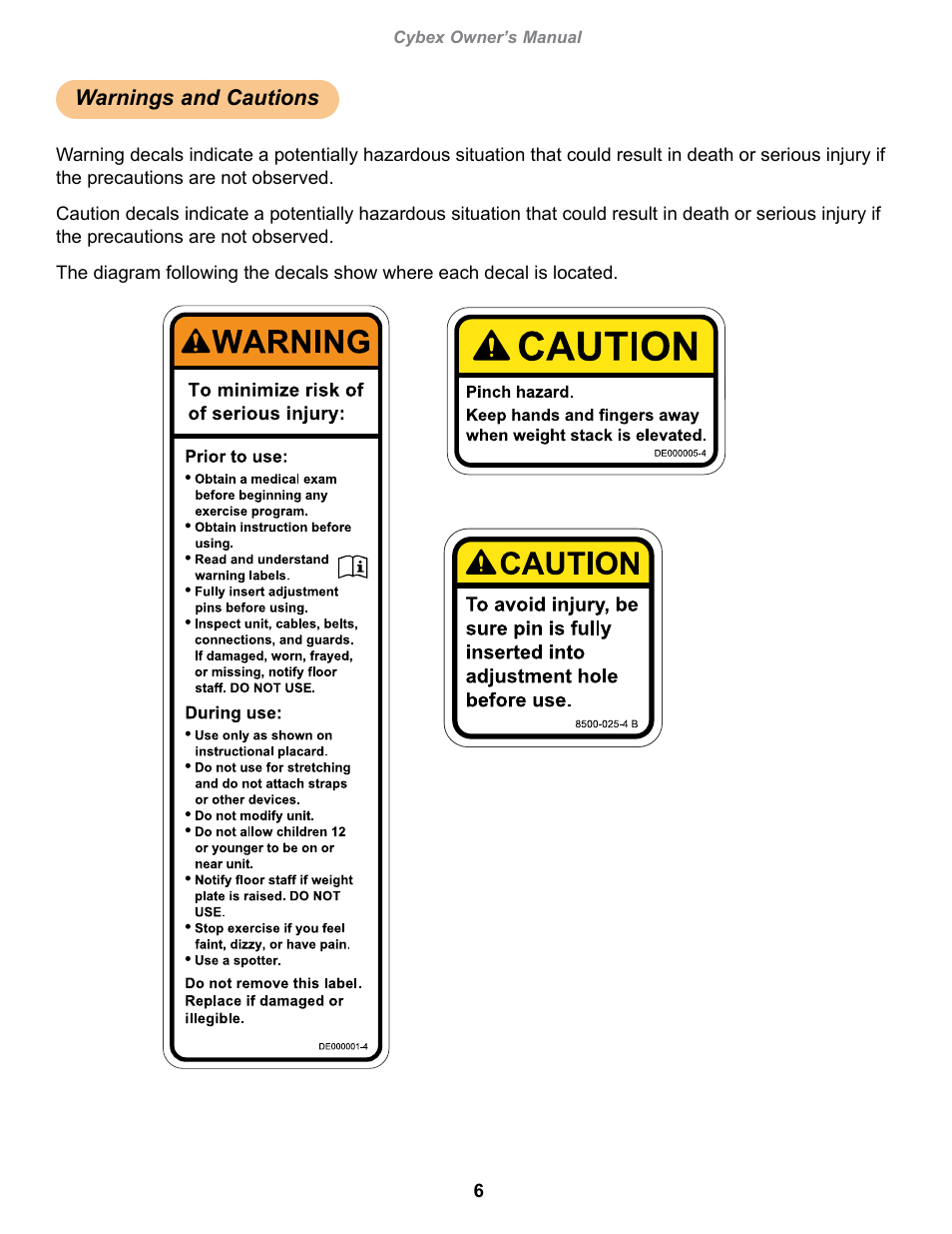 Warnings and cautions, Cybex owner’s manual, Owatonna | Cybex 13060-999 VR1 Seated Leg Curl User Manual | Page 6 / 28