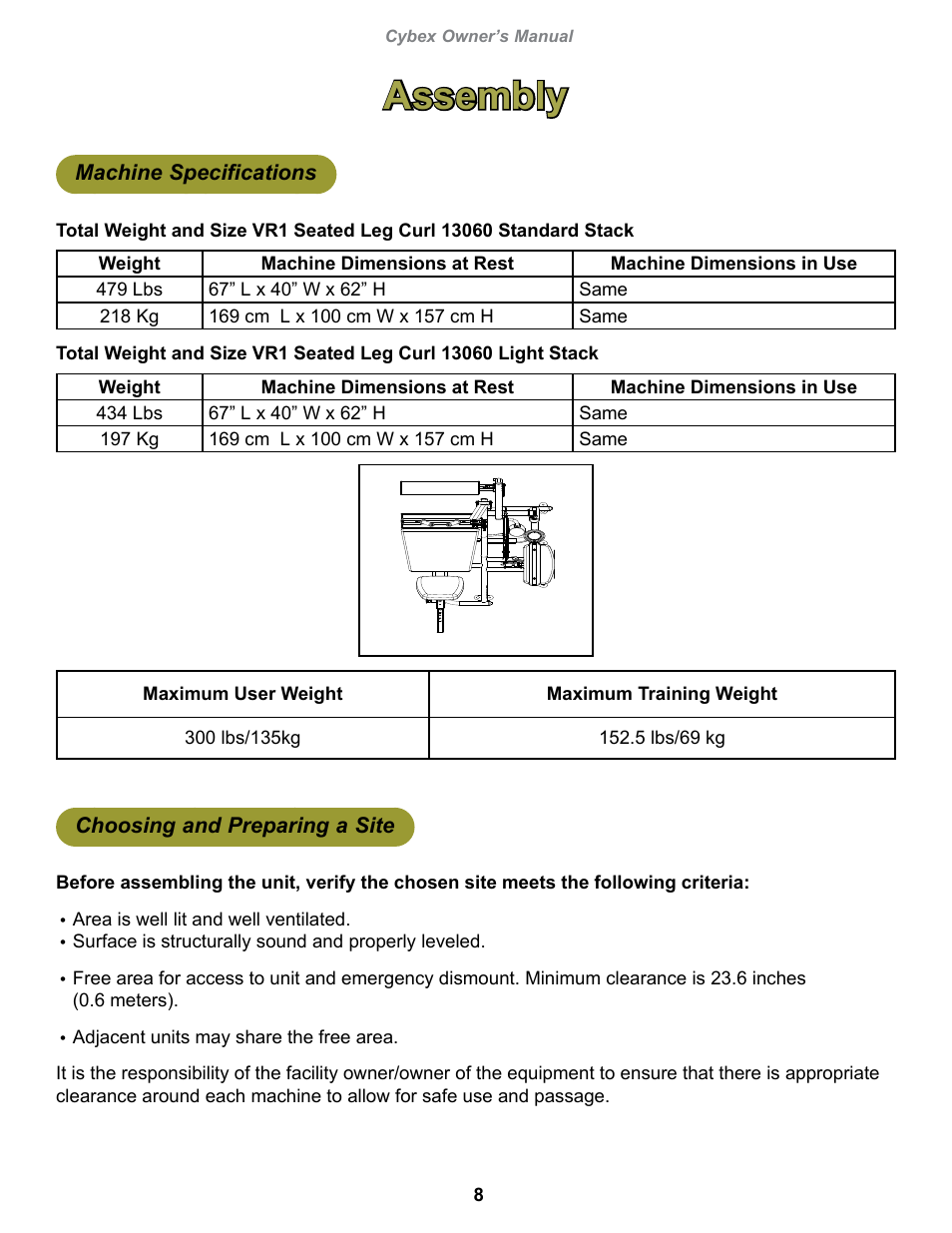 Assembly, Machine specifications, Choosing and preparing a site | Cybex 13060-999 VR1 Seated Leg Curl User Manual | Page 8 / 28