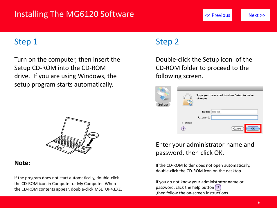 Installing the mg6120 software, Step 1, Step 2 | Canon MG6120 User Manual | Page 6 / 13