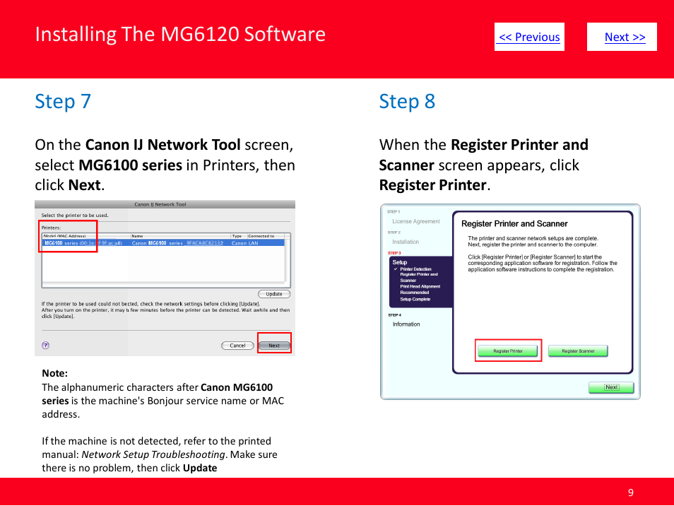 Installing the mg6120 software, Step 7, Step 8 | Canon MG6120 User Manual | Page 9 / 13