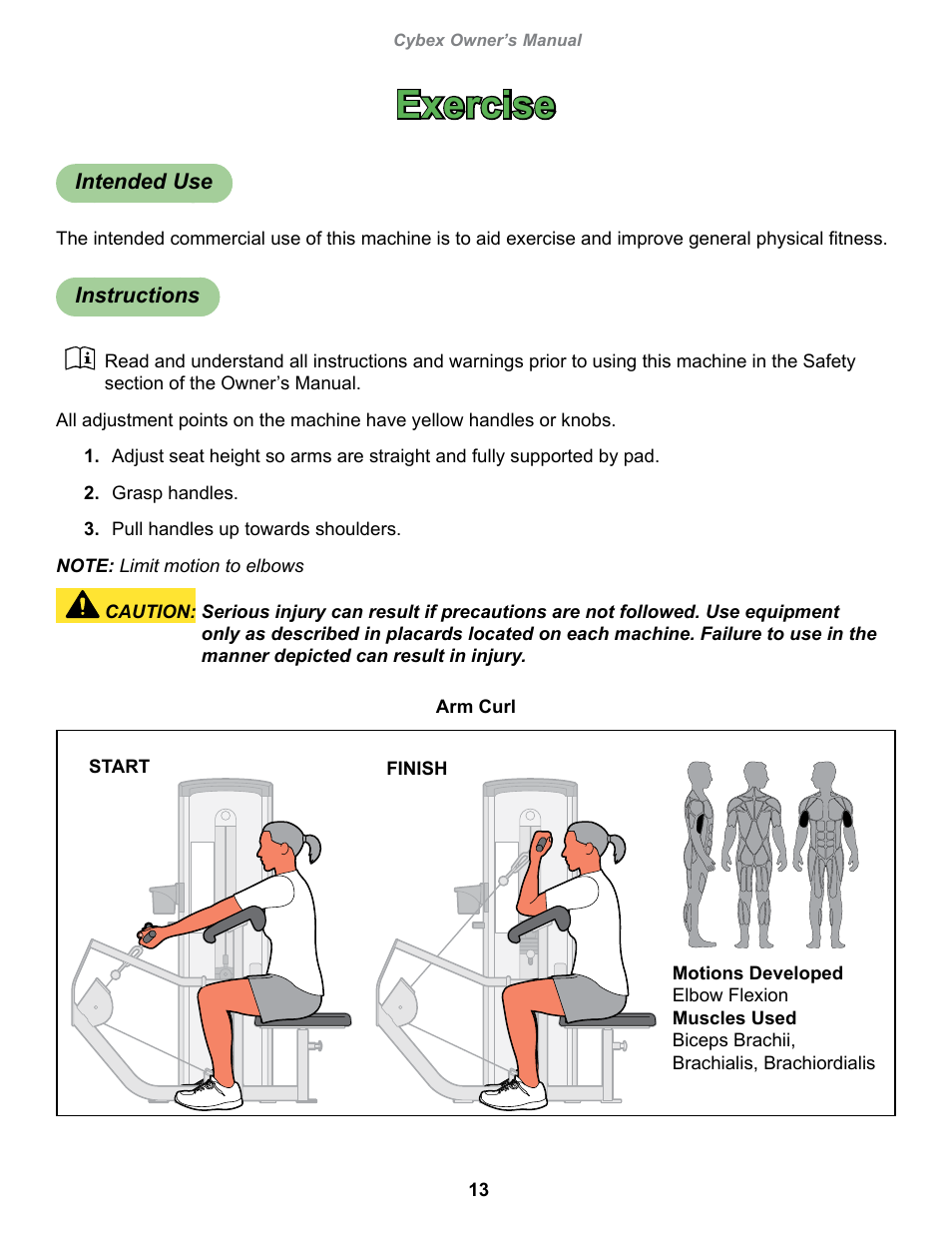 Exercise, Intended use, Instructions | Cybex 13070-999 VR1 Arm Curl User Manual | Page 13 / 26