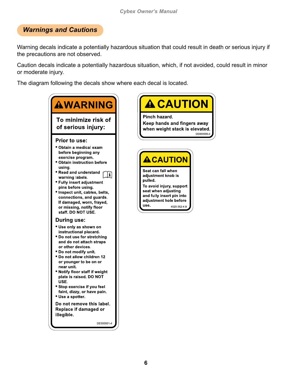 Warnings and cautions, Cybex owner’s manual, Owatonna | Cybex 13070-999 VR1 Arm Curl User Manual | Page 6 / 26