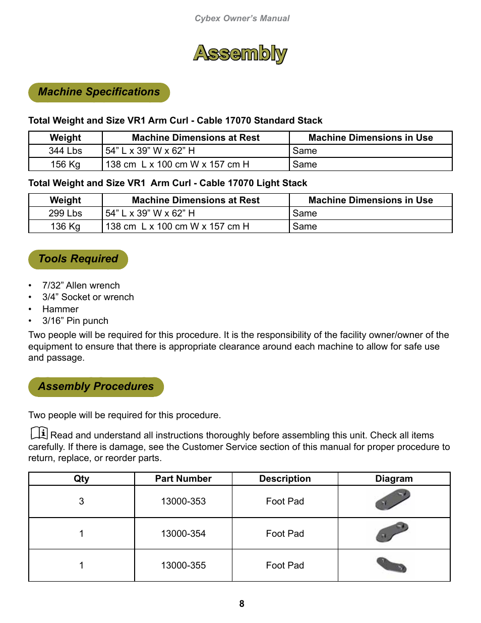 Assembly, Machine specifications, Tools required | Assembly procedures | Cybex 13070-999 VR1 Arm Curl User Manual | Page 8 / 26