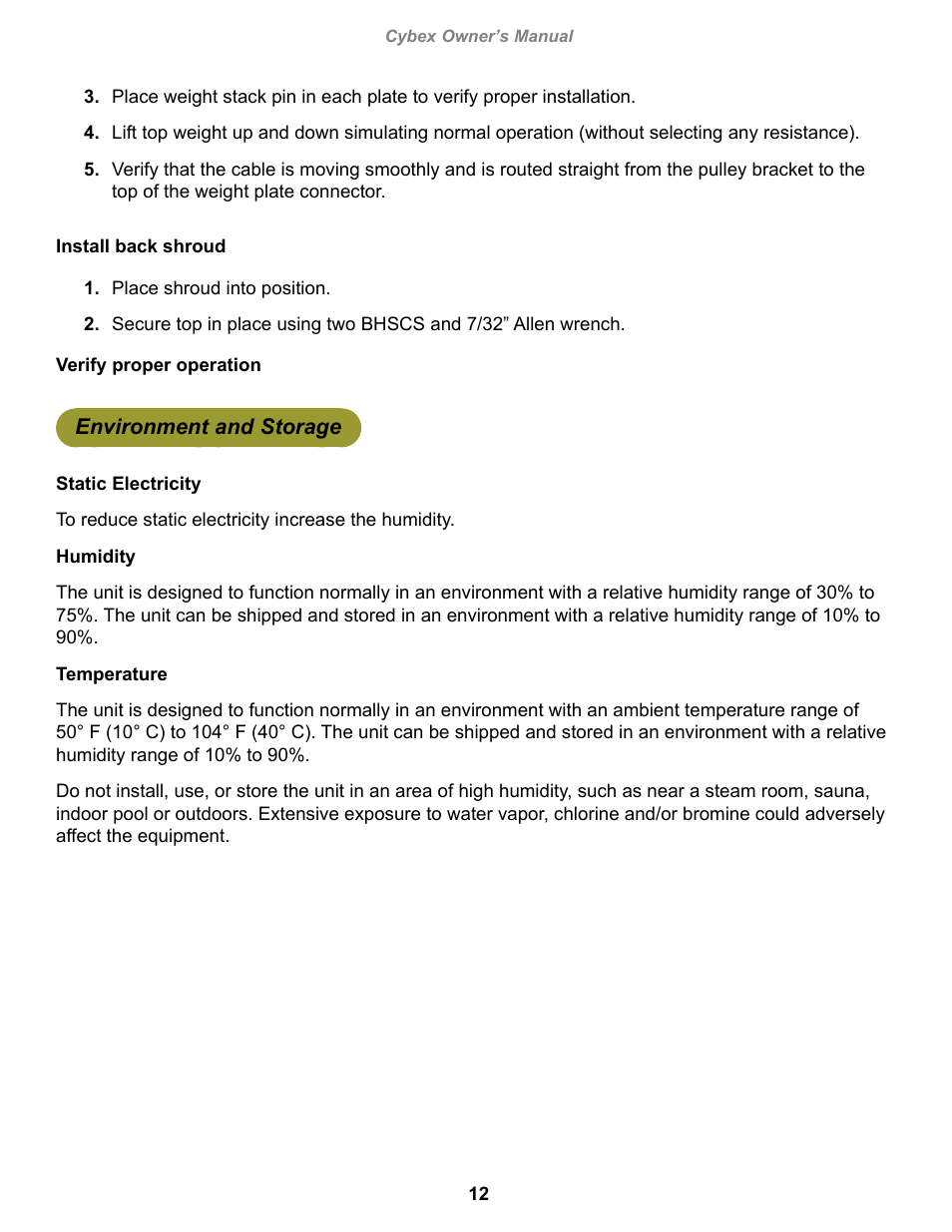 Environment and storage | Cybex 13075-999 VR1 Arm Curl User Manual | Page 12 / 26