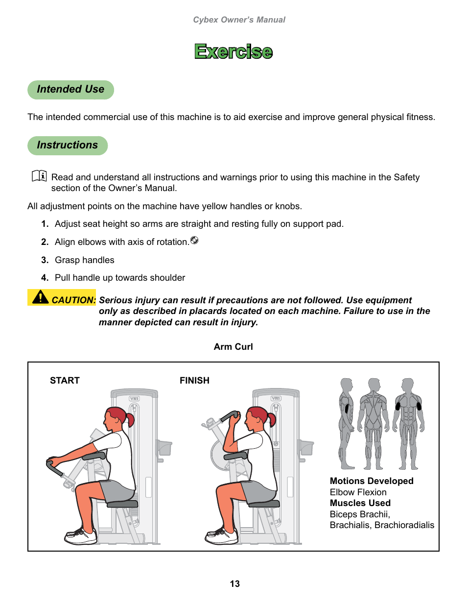 Exercise, Intended use, Instructions | Cybex 13075-999 VR1 Arm Curl User Manual | Page 13 / 26