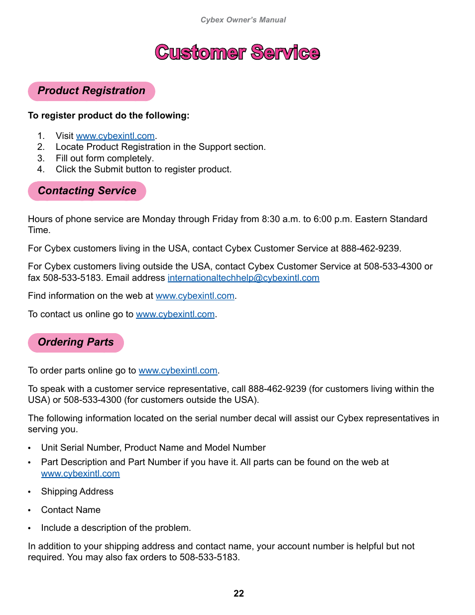 Customer service, Product registration, Contacting service | Ordering parts | Cybex 13075-999 VR1 Arm Curl User Manual | Page 22 / 26