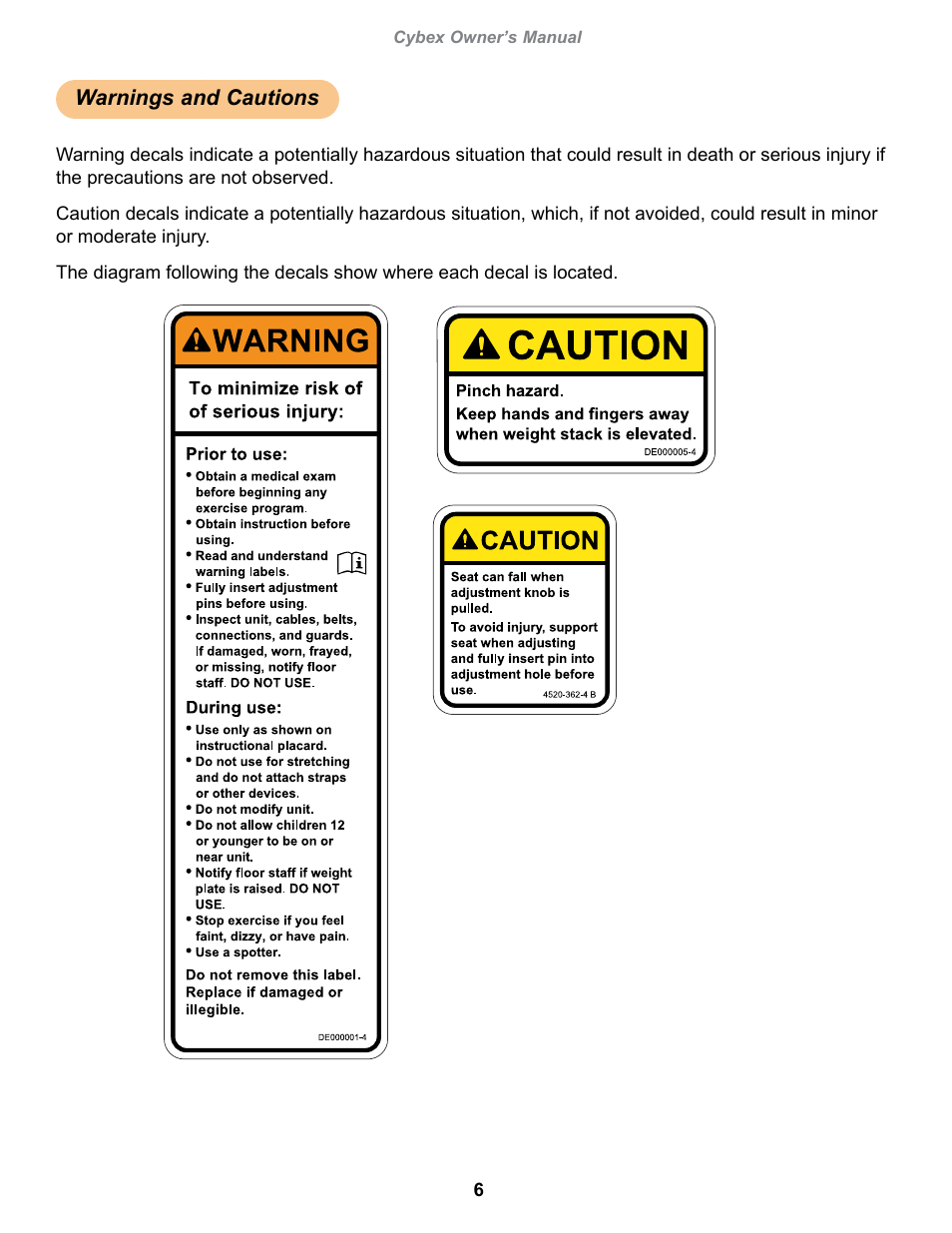 Warnings and cautions, Cybex owner’s manual, Owatonna | Cybex 13075-999 VR1 Arm Curl User Manual | Page 6 / 26