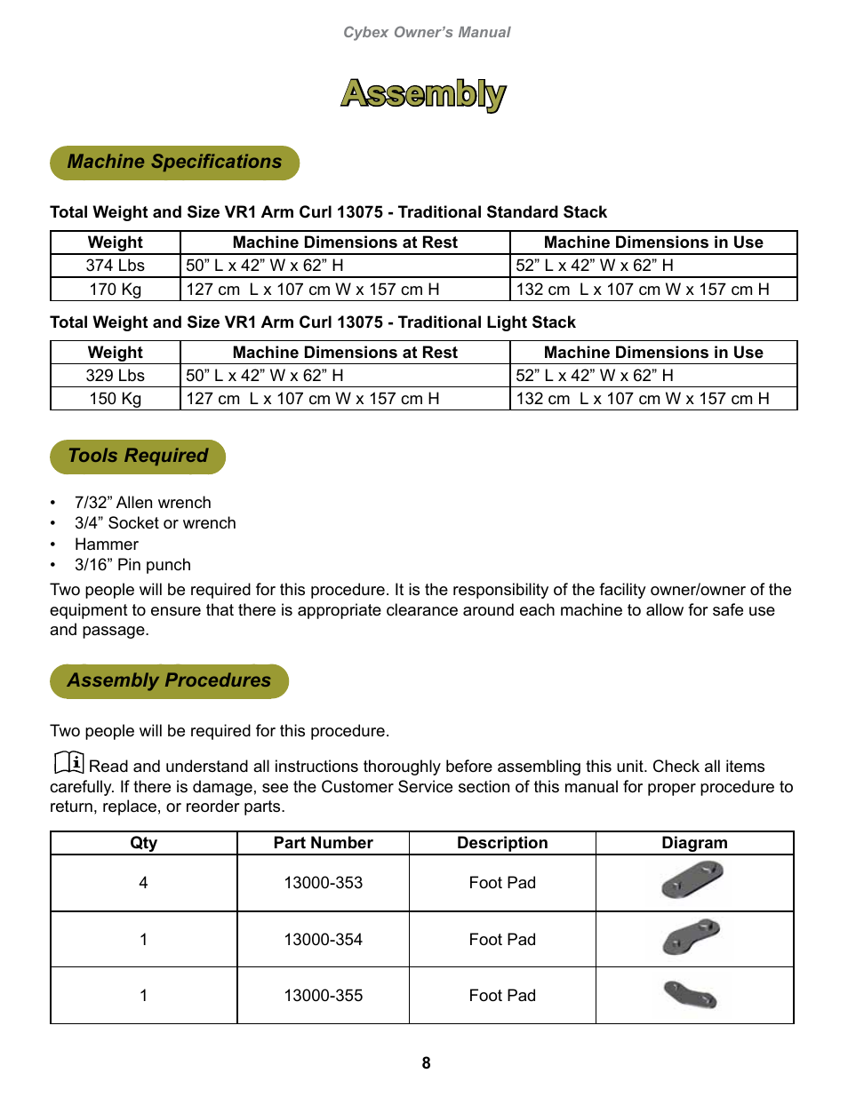 Assembly, Machine specifications, Tools required | Assembly procedures | Cybex 13075-999 VR1 Arm Curl User Manual | Page 8 / 26