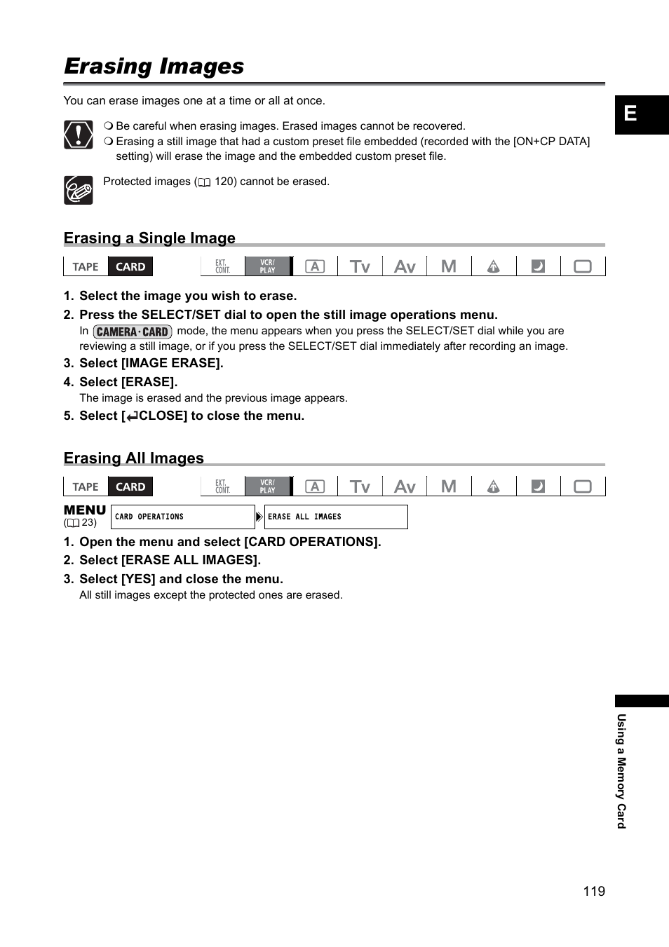Erasing images, Erasing a single image, Erasing all images | Canon XH A1 User Manual | Page 119 / 159