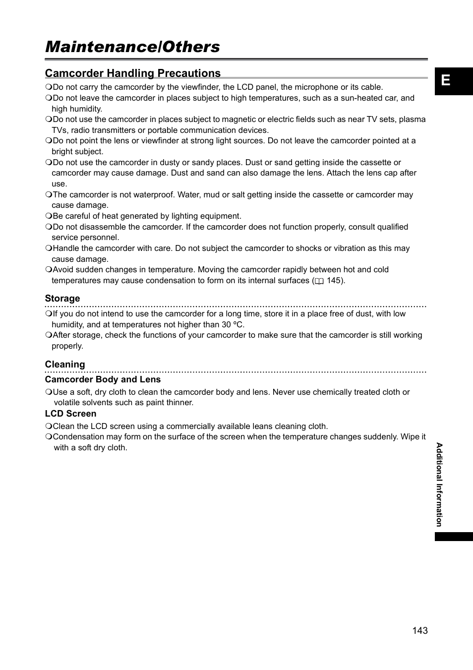 Maintenance/others, Camcorder handling precautions | Canon XH A1 User Manual | Page 143 / 159