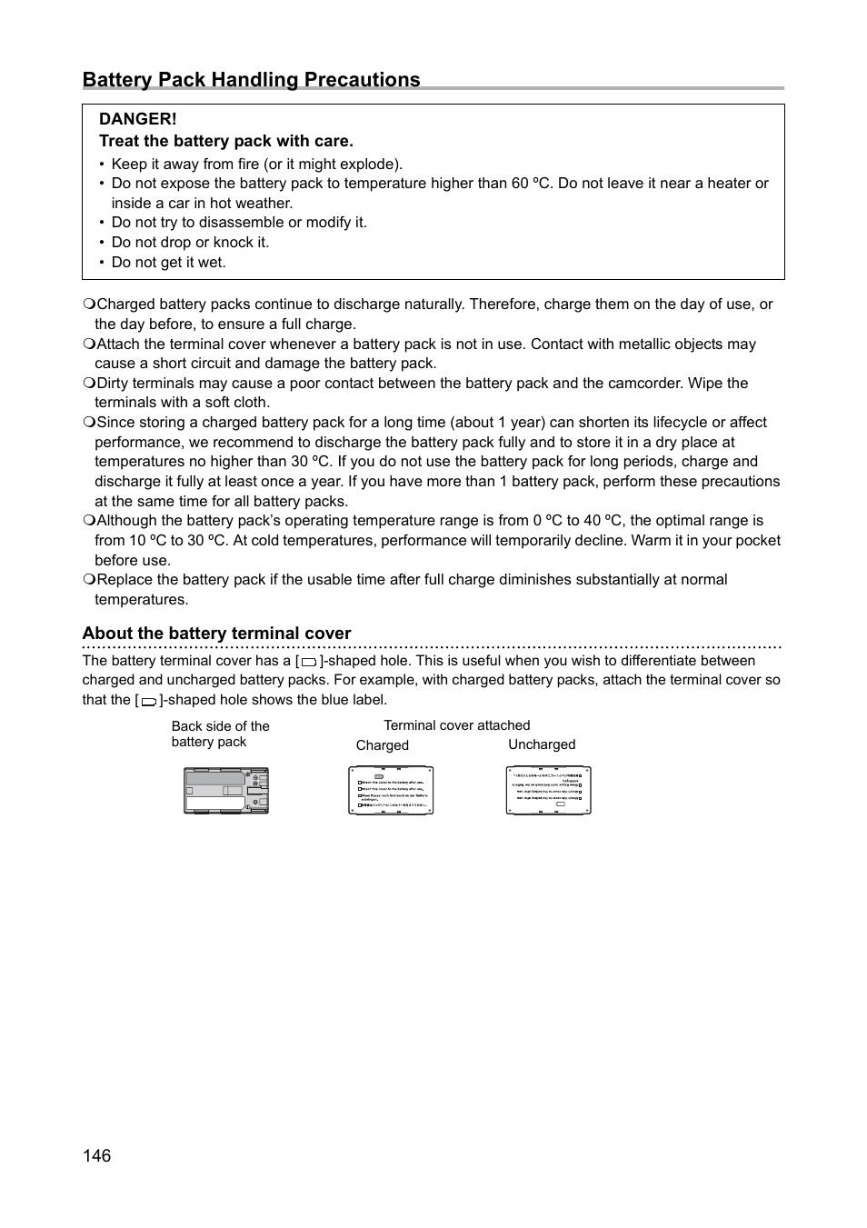 Battery pack handling precautions | Canon XH A1 User Manual | Page 146 / 159