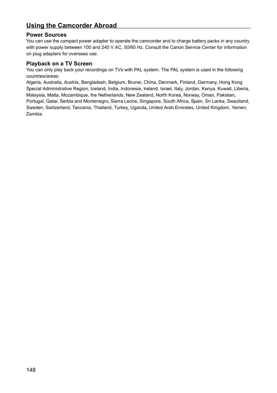 Using the camcorder abroad | Canon XH A1 User Manual | Page 148 / 159