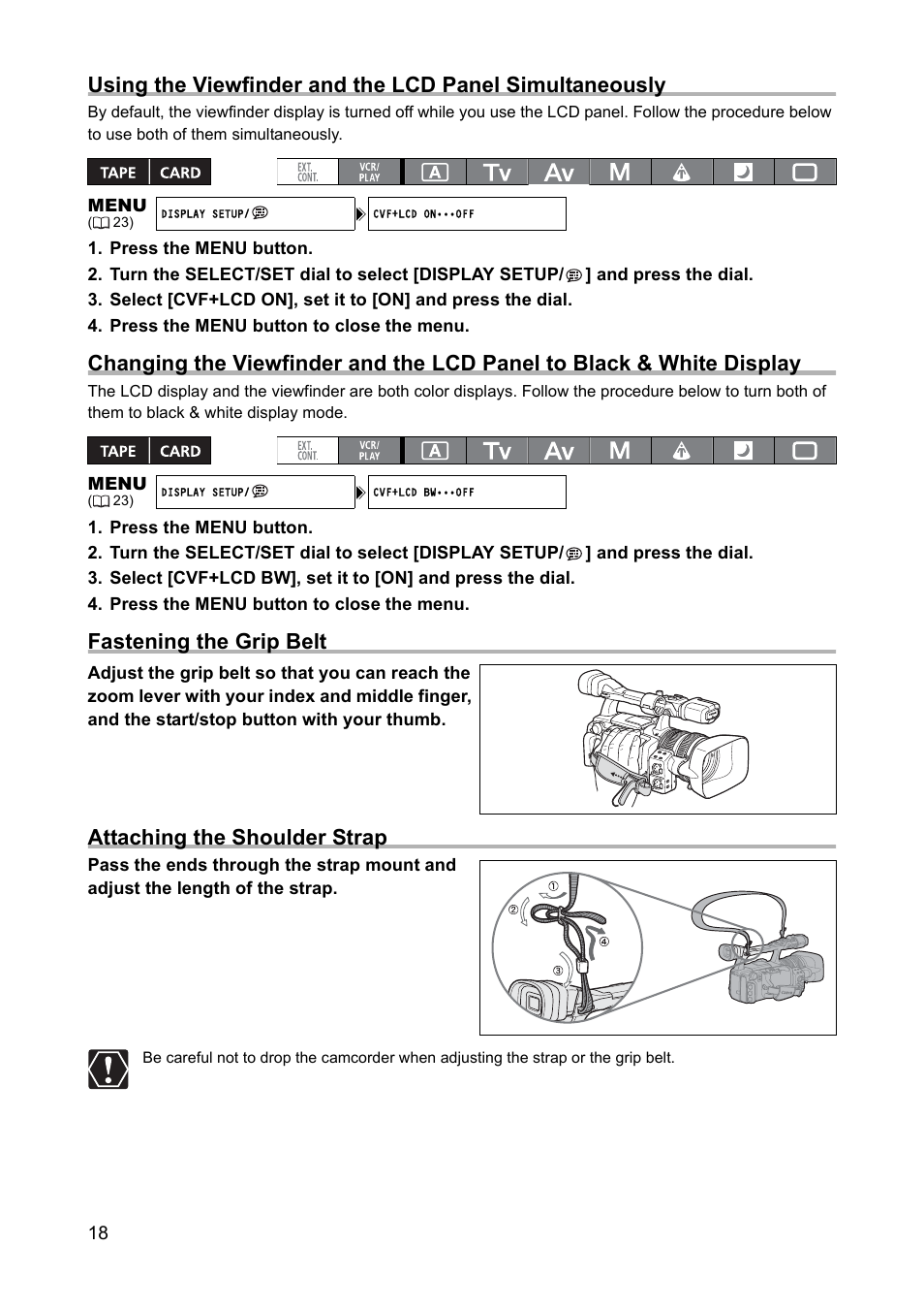 Fastening the grip belt, Attaching the shoulder strap | Canon XH A1 User Manual | Page 18 / 159