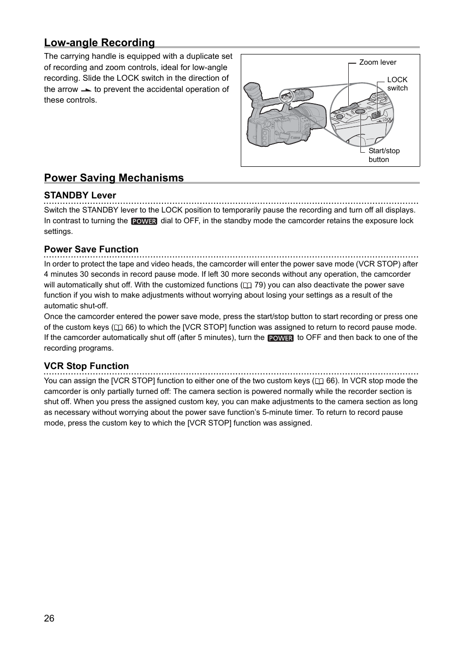 Low-angle recording, Power saving mechanisms | Canon XH A1 User Manual | Page 26 / 159