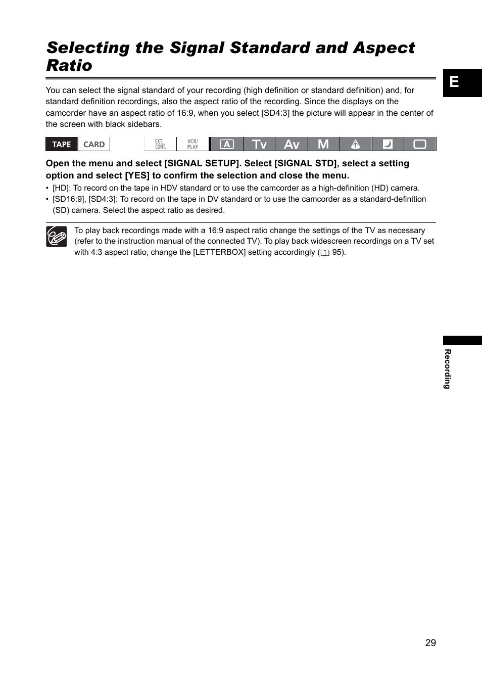 Selecting the signal standard and aspect ratio | Canon XH A1 User Manual | Page 29 / 159