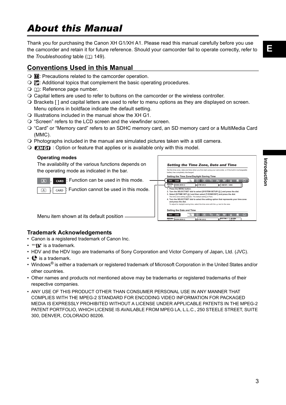 About this manual, Conventions used in this manual, Trademark acknowledgements | Menu item shown at its default position, Intr oduc tion | Canon XH A1 User Manual | Page 3 / 159