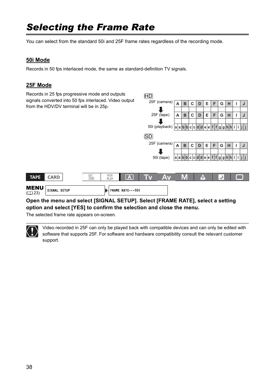 Selecting the frame rate, 50i mode, 25f mode | Canon XH A1 User Manual | Page 38 / 159