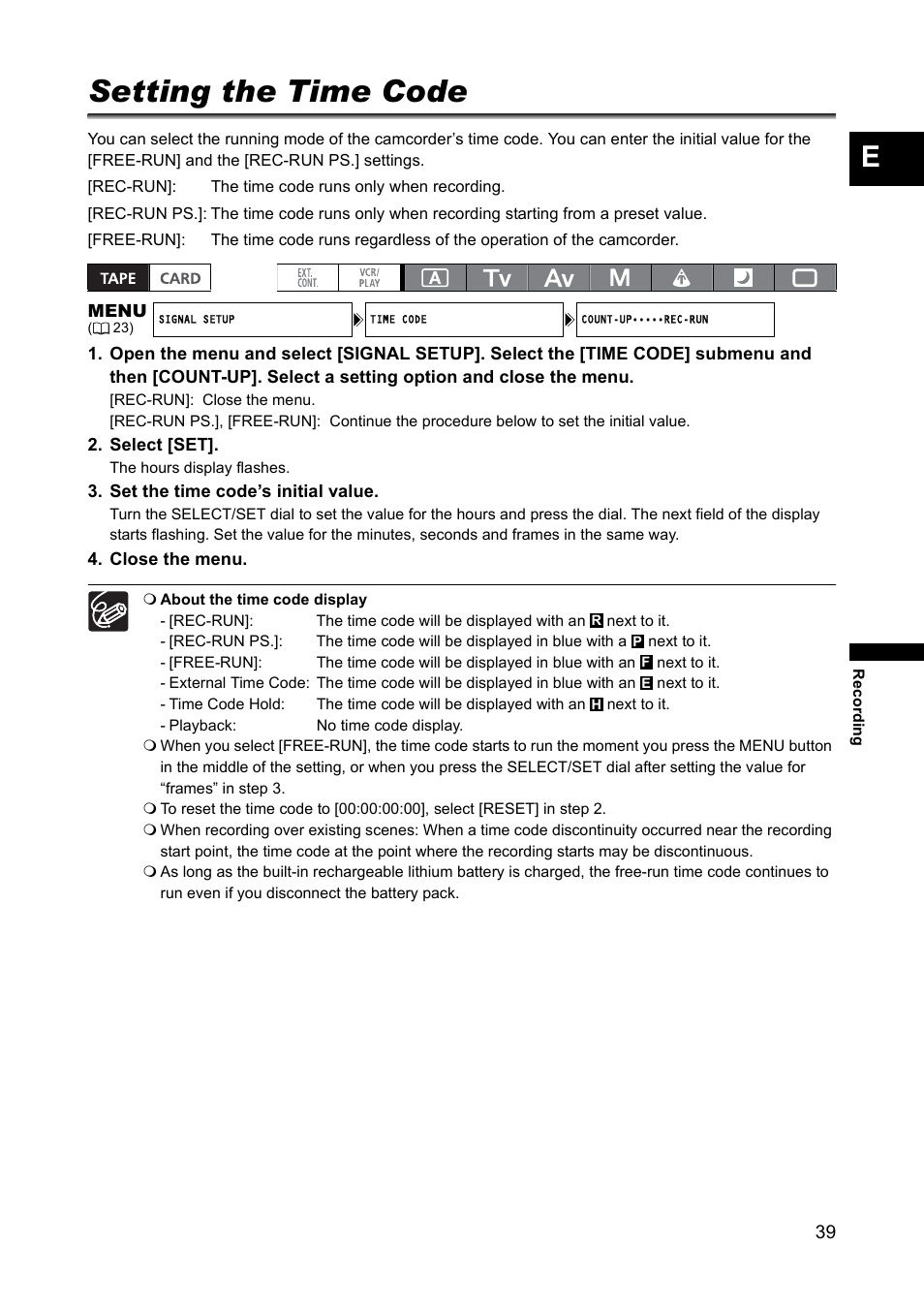 Setting the time code | Canon XH A1 User Manual | Page 39 / 159