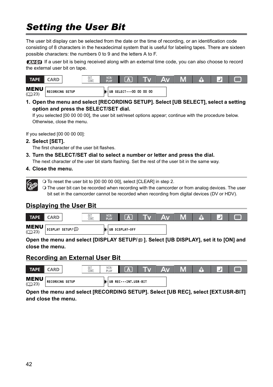 Setting the user bit, Displaying the user bit, Recording an external user bit | Canon XH A1 User Manual | Page 42 / 159