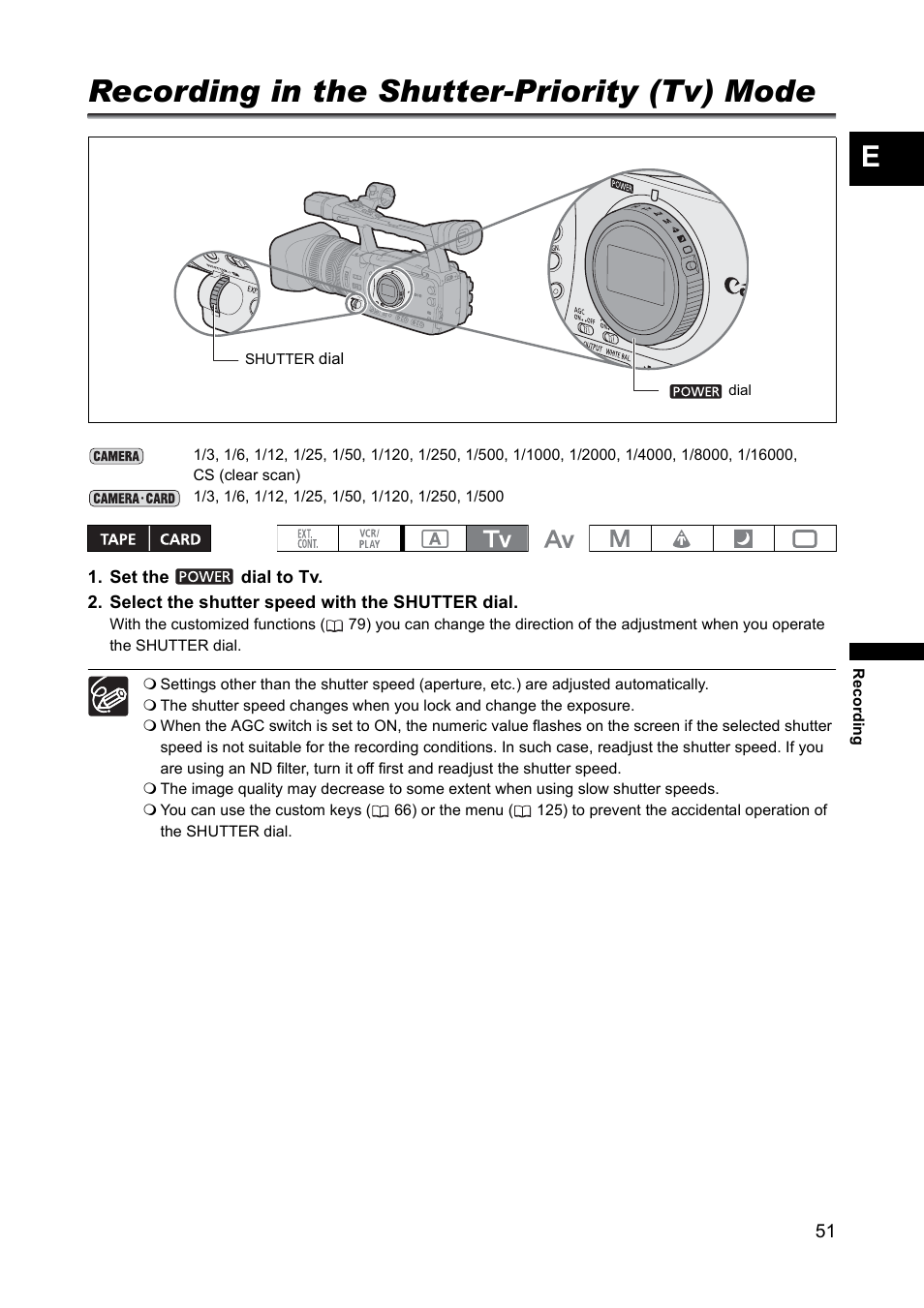 Recording in the shutter-priority (tv) mode | Canon XH A1 User Manual | Page 51 / 159