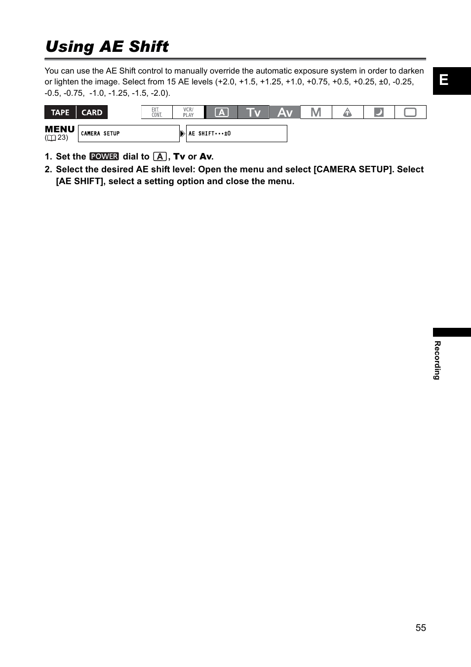 Using ae shift | Canon XH A1 User Manual | Page 55 / 159