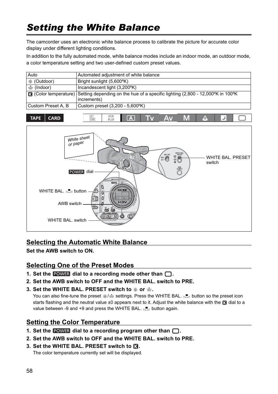 Setting the white balance, Selecting the automatic white balance, Selecting one of the preset modes | Setting the color temperature | Canon XH A1 User Manual | Page 58 / 159