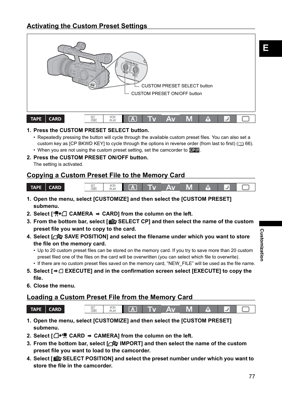 Activating the custom preset settings | Canon XH A1 User Manual | Page 77 / 159