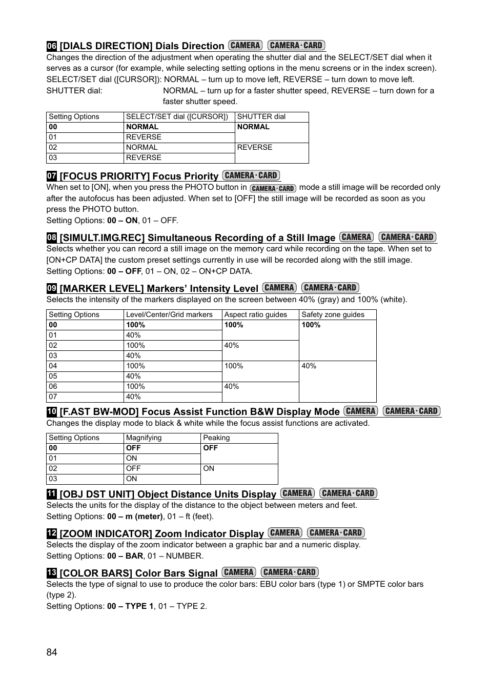 84 [dials direction] dials direction, Focus priority, Marker level] markers’ intensity level | Obj dst unit] object distance units display, Zoom indicator] zoom indicator display, Color bars] color bars signal | Canon XH A1 User Manual | Page 84 / 159