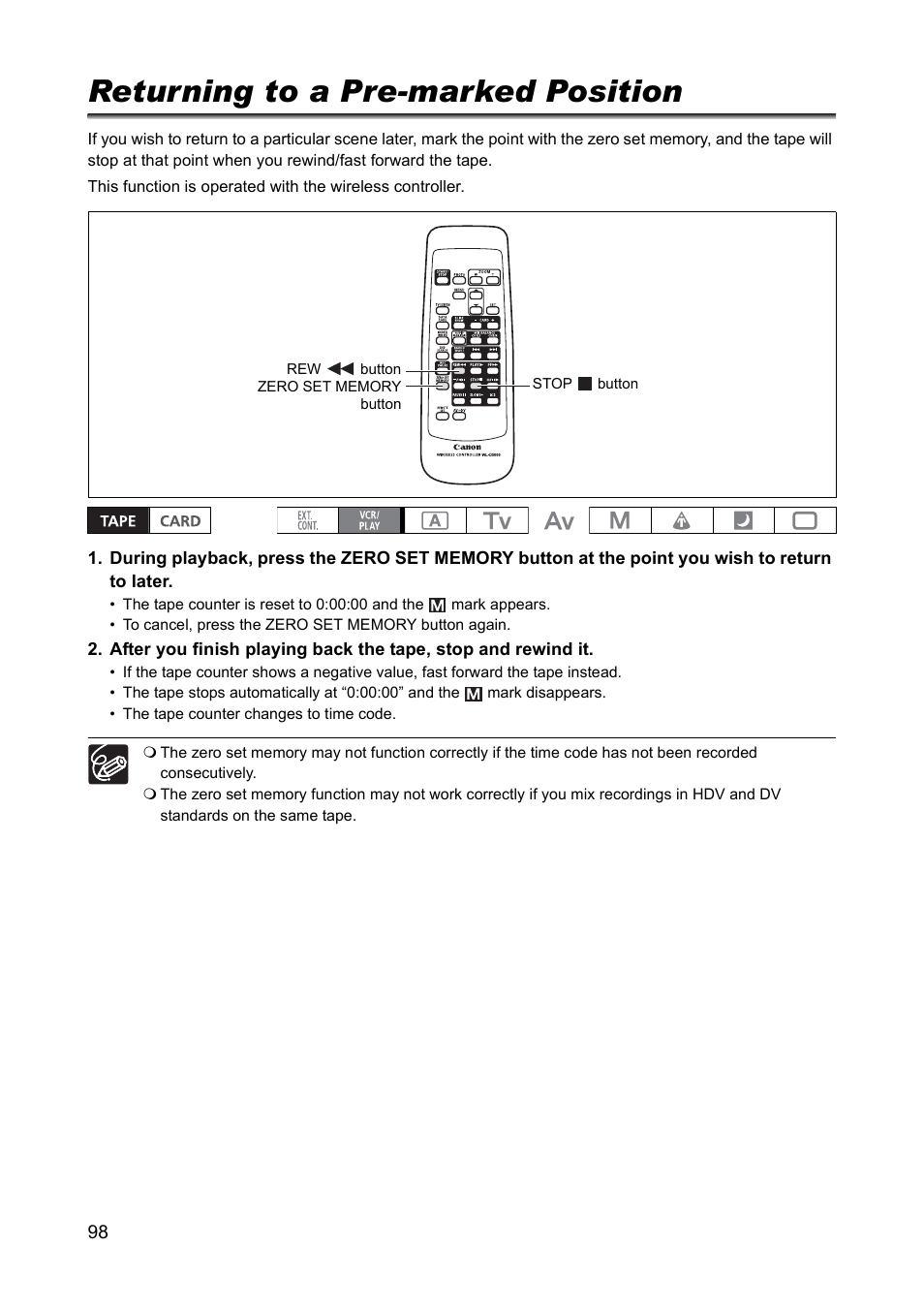 Returning to a pre-marked position | Canon XH A1 User Manual | Page 98 / 159