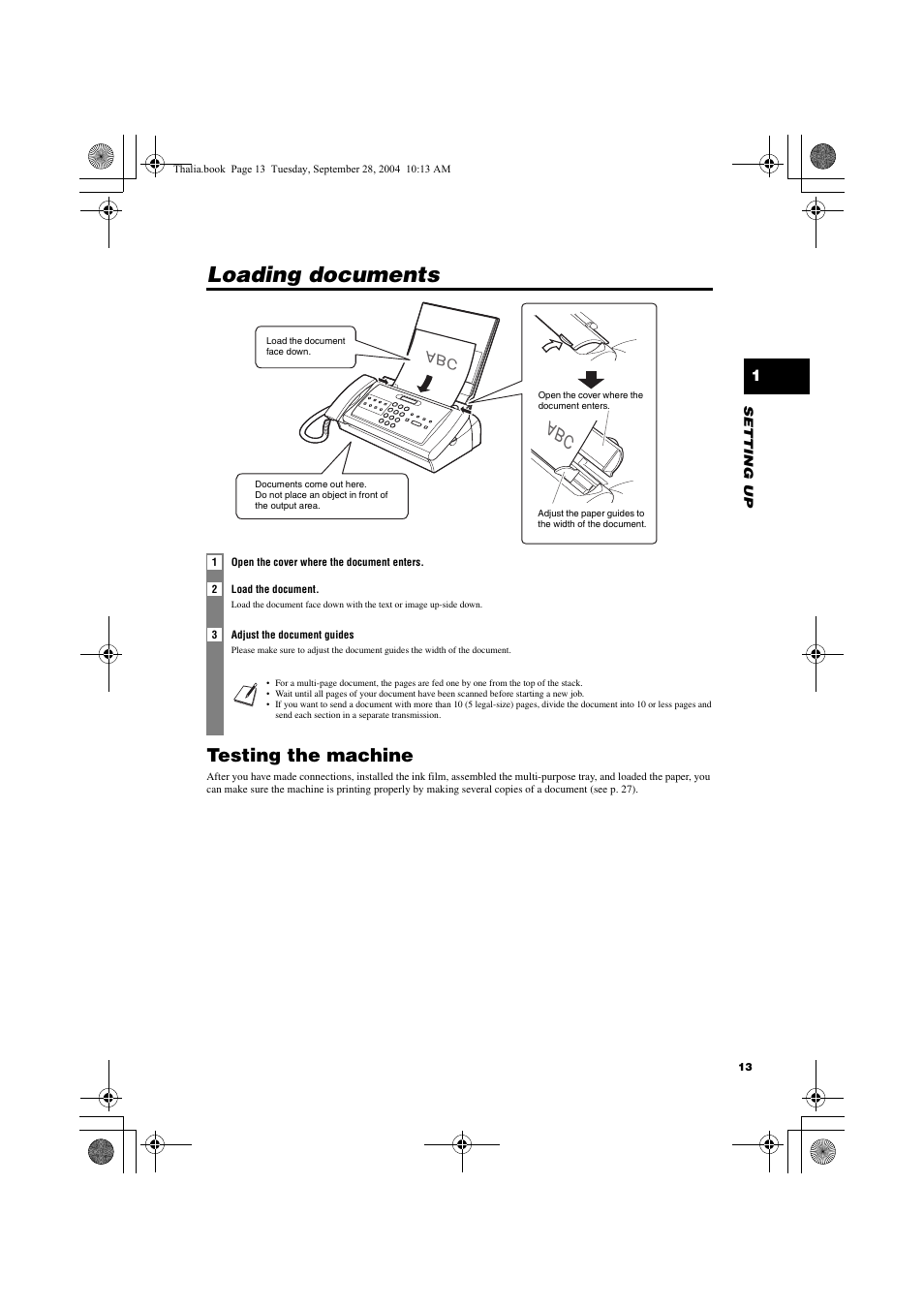 Loading documents, Testing the machine | Canon FAX-TT250 User Manual | Page 13 / 59