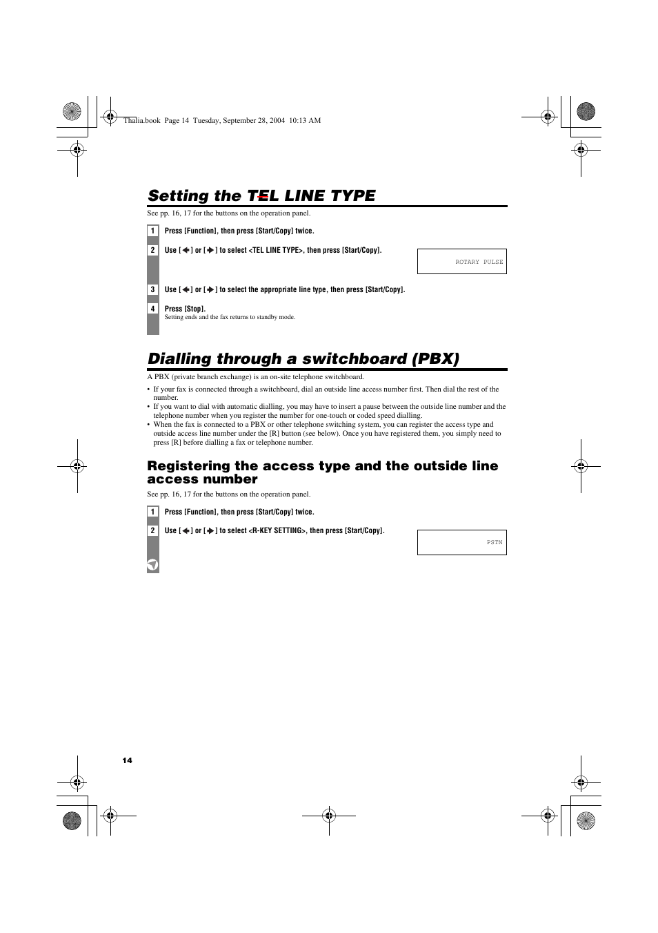 Setting the tel line type, Dialling through a switchboard (pbx) | Canon FAX-TT250 User Manual | Page 14 / 59