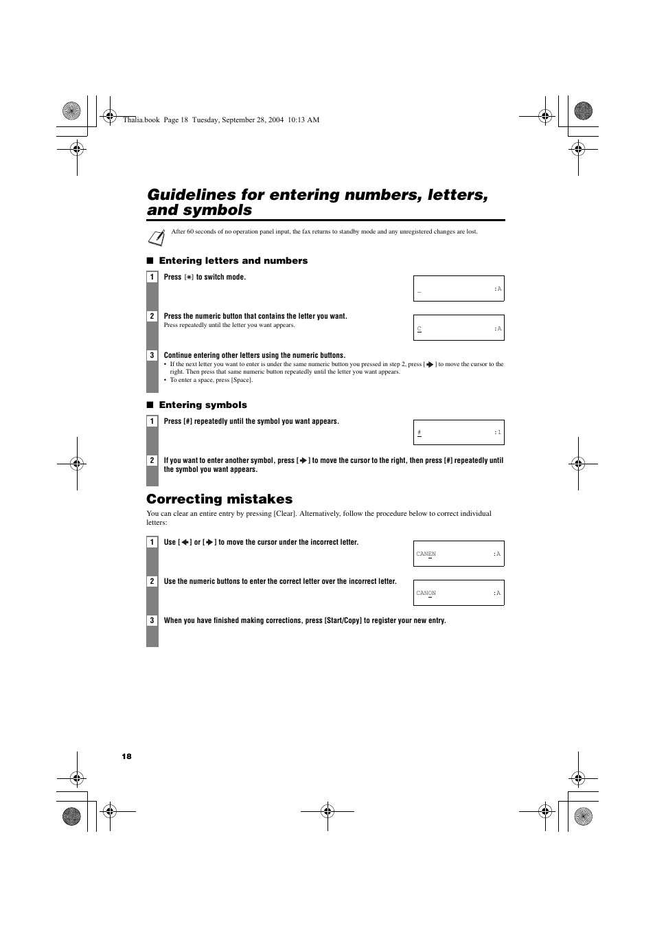 Correcting mistakes | Canon FAX-TT250 User Manual | Page 18 / 59