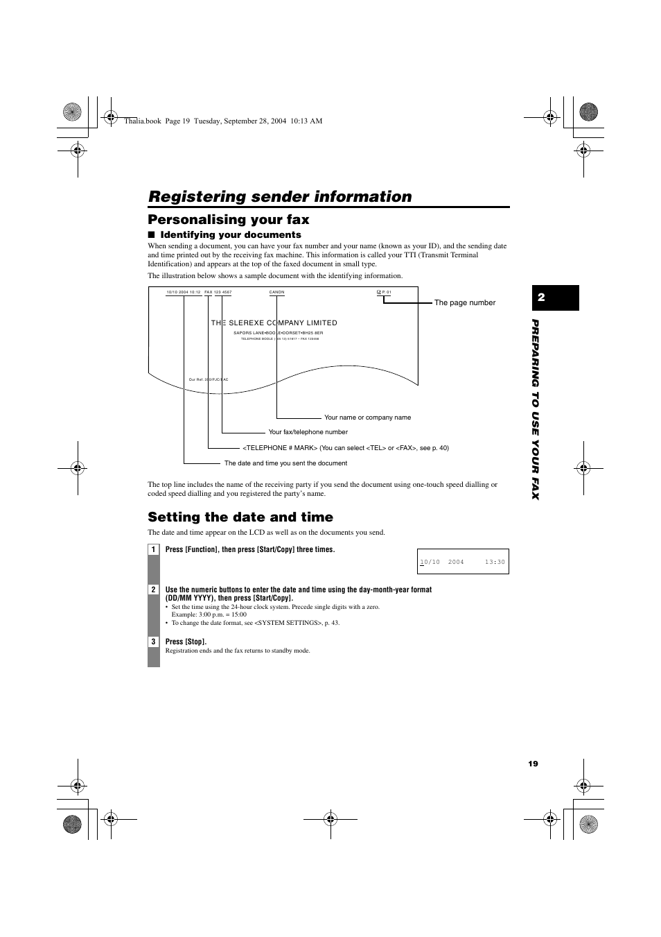 Registering sender information, Personalising your fax, Setting the date and time | Canon FAX-TT250 User Manual | Page 19 / 59