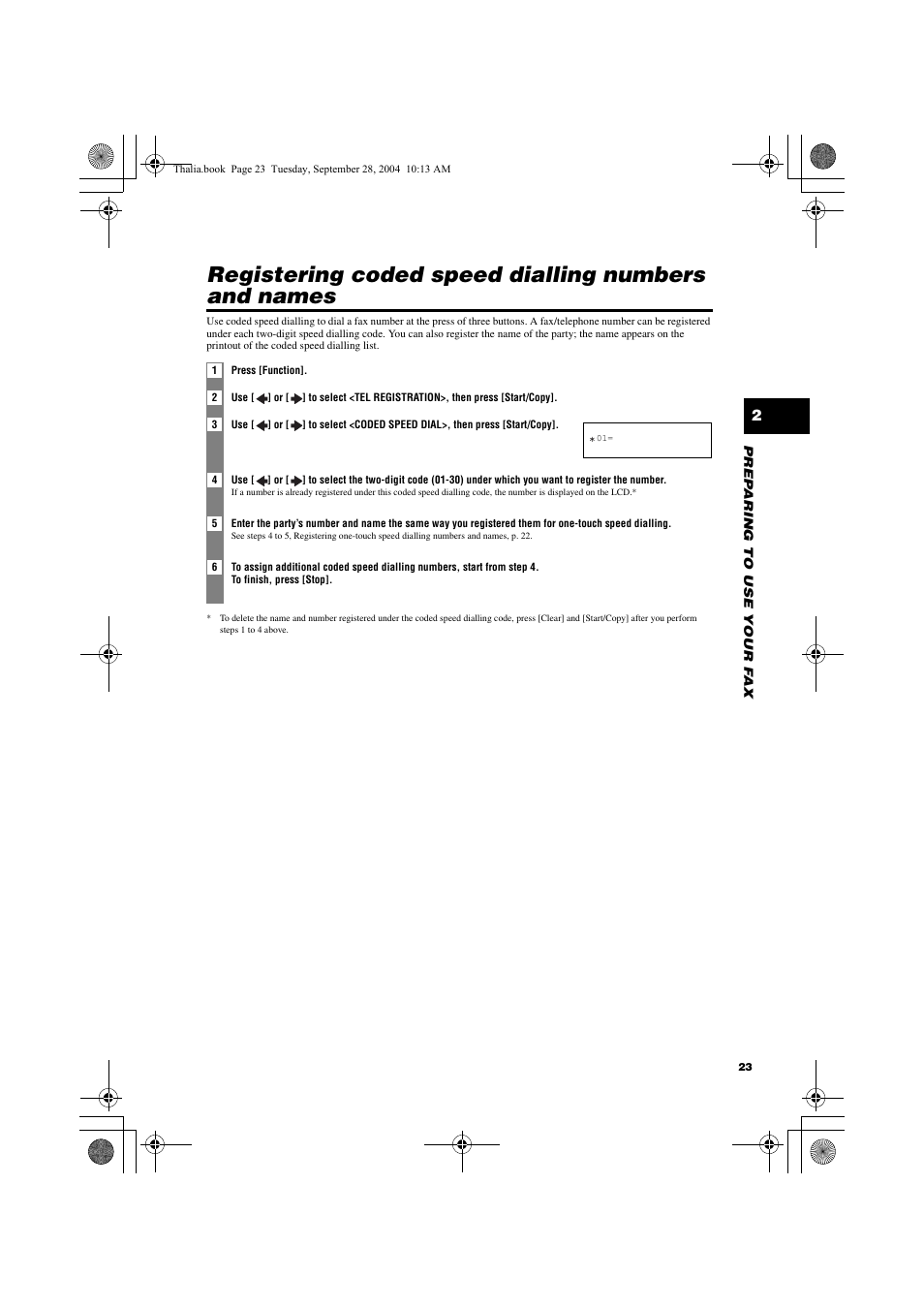 Registering coded speed dialling numbersand names, Registering coded speed dialling numbers and names | Canon FAX-TT250 User Manual | Page 23 / 59