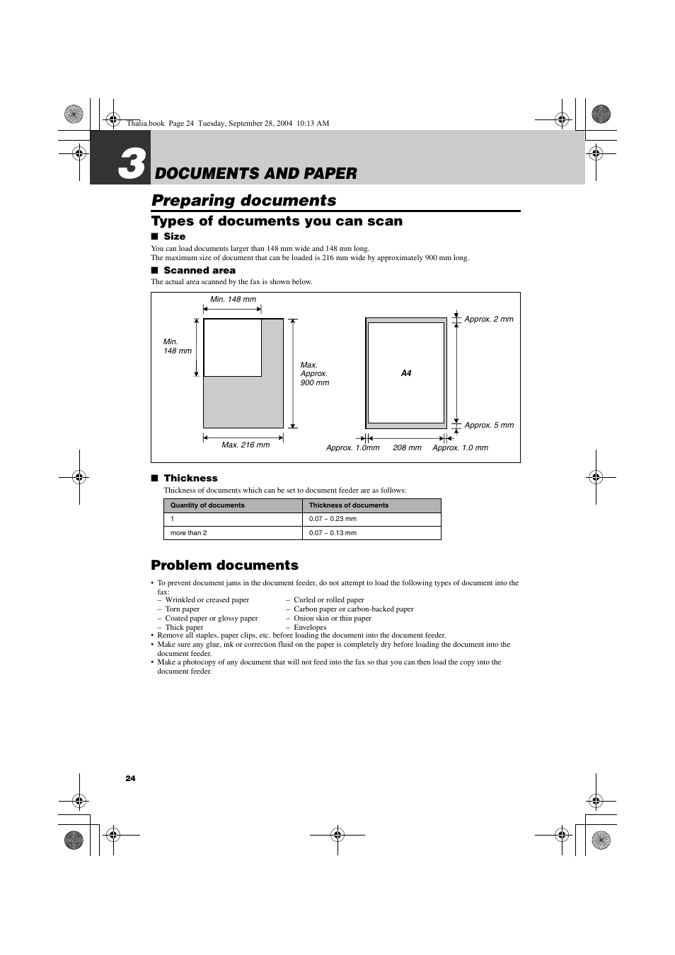 3 documents and paper, Preparing documents, Documents and paper preparing documents | Types of documents you can scan, Problem documents | Canon FAX-TT250 User Manual | Page 24 / 59