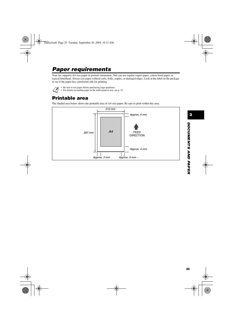 Paper requirements, Printable area | Canon FAX-TT250 User Manual | Page 25 / 59