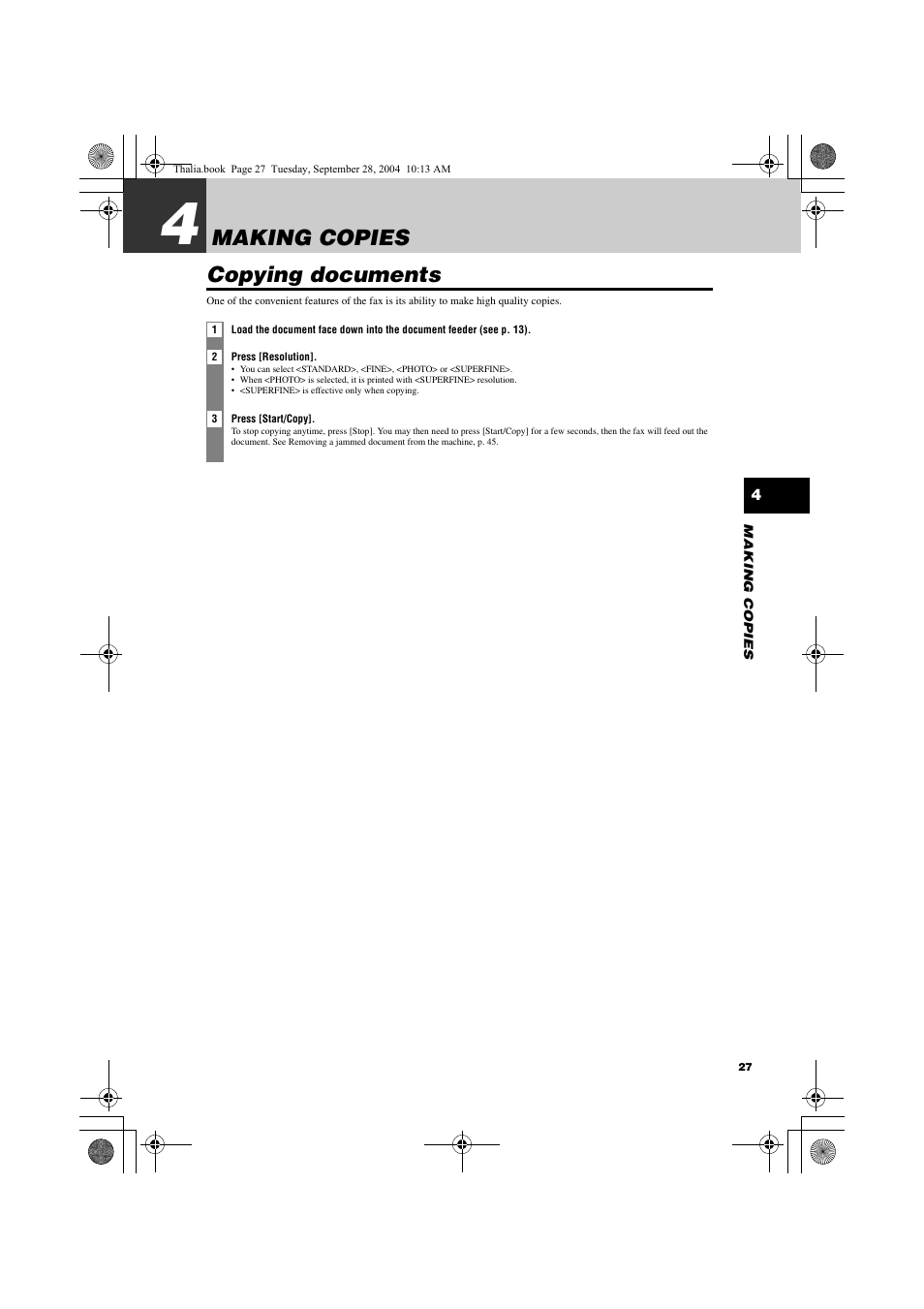 4 making copies, Copying documents, Making copies copying documents | Canon FAX-TT250 User Manual | Page 27 / 59