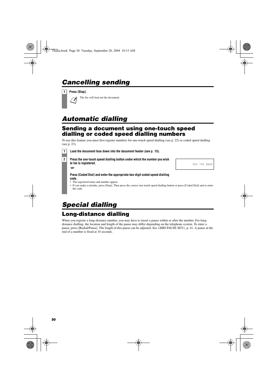 Cancelling sending, Automatic dialling, Special dialling | Cancelling sending automatic dialling, Long-distance dialling | Canon FAX-TT250 User Manual | Page 30 / 59