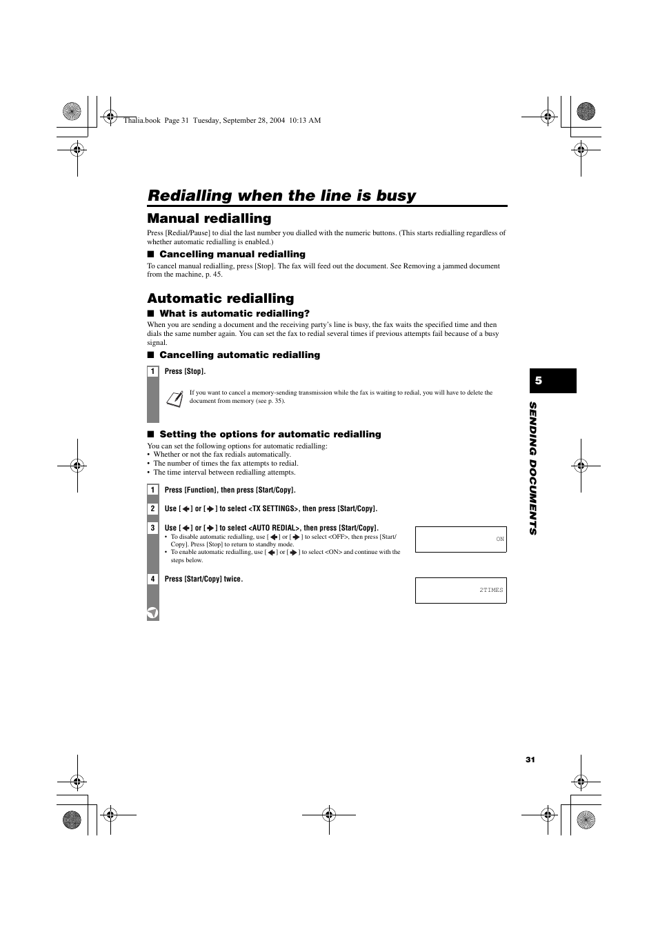 Redialling when the line is busy, Manual redialling, Automatic redialling | Canon FAX-TT250 User Manual | Page 31 / 59