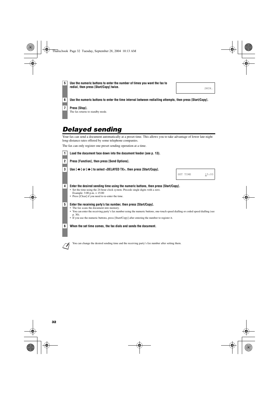 Delayed sending | Canon FAX-TT250 User Manual | Page 32 / 59