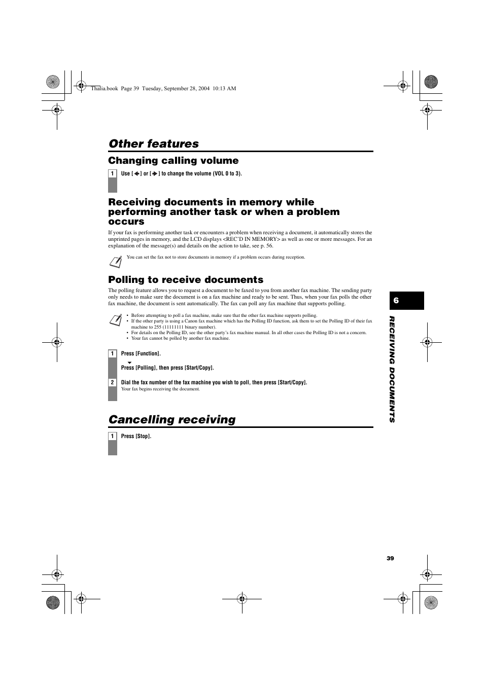 Other features, Cancelling receiving, Polling to receive documents | Canon FAX-TT250 User Manual | Page 39 / 59