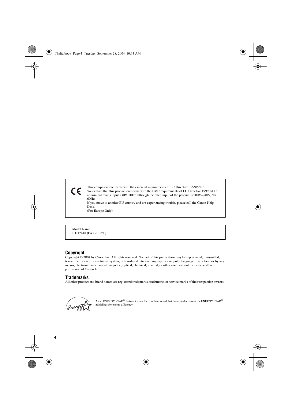 Copyright, Trademarks | Canon FAX-TT250 User Manual | Page 4 / 59