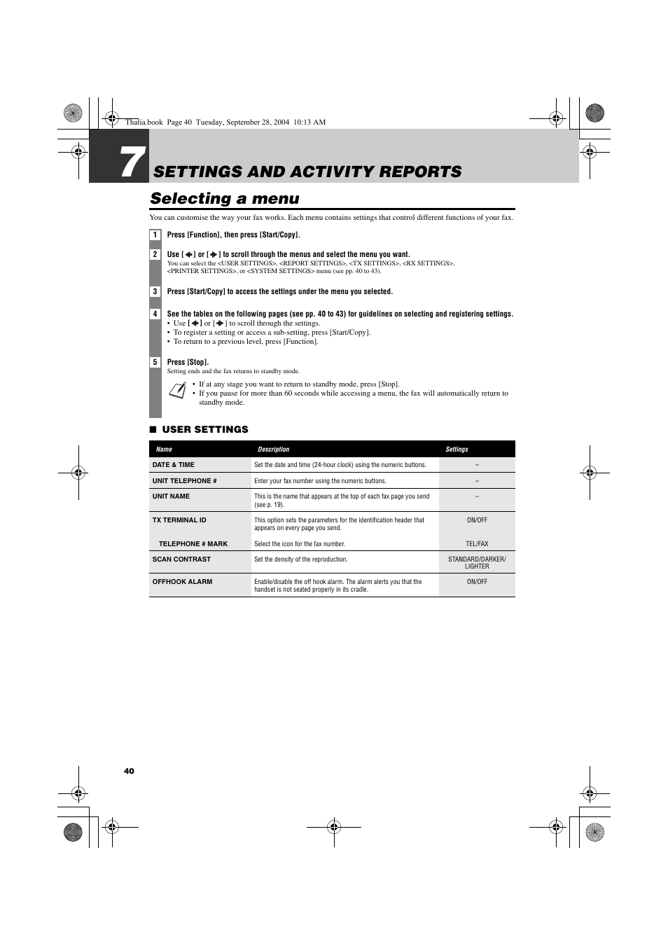 7 settings and activity reports, Selecting a menu, Settings and activity reports selecting a menu | Canon FAX-TT250 User Manual | Page 40 / 59