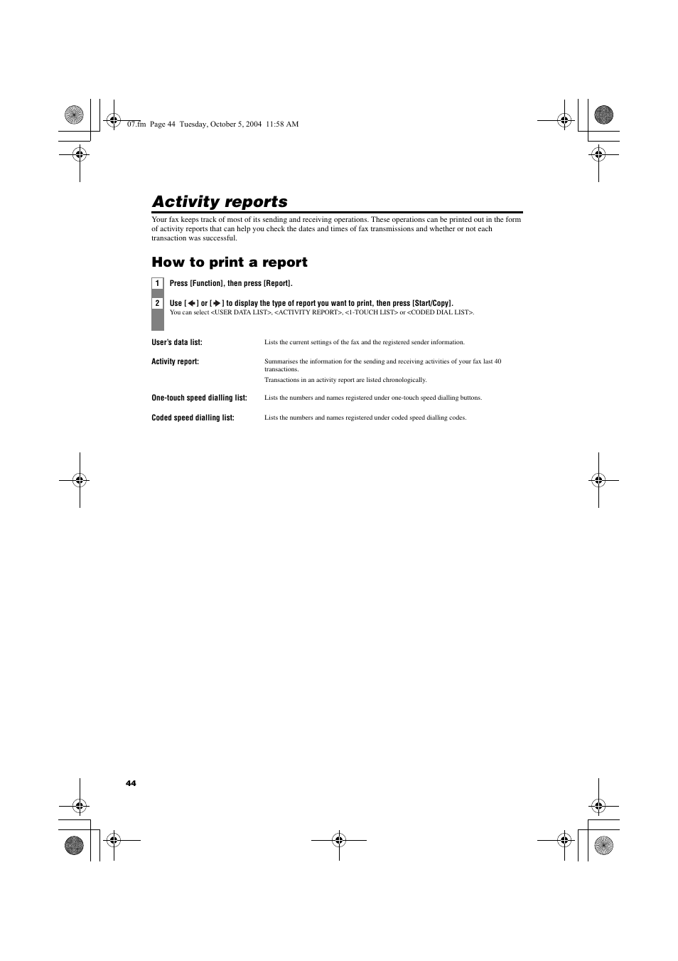 Activity reports, How to print a report | Canon FAX-TT250 User Manual | Page 44 / 59