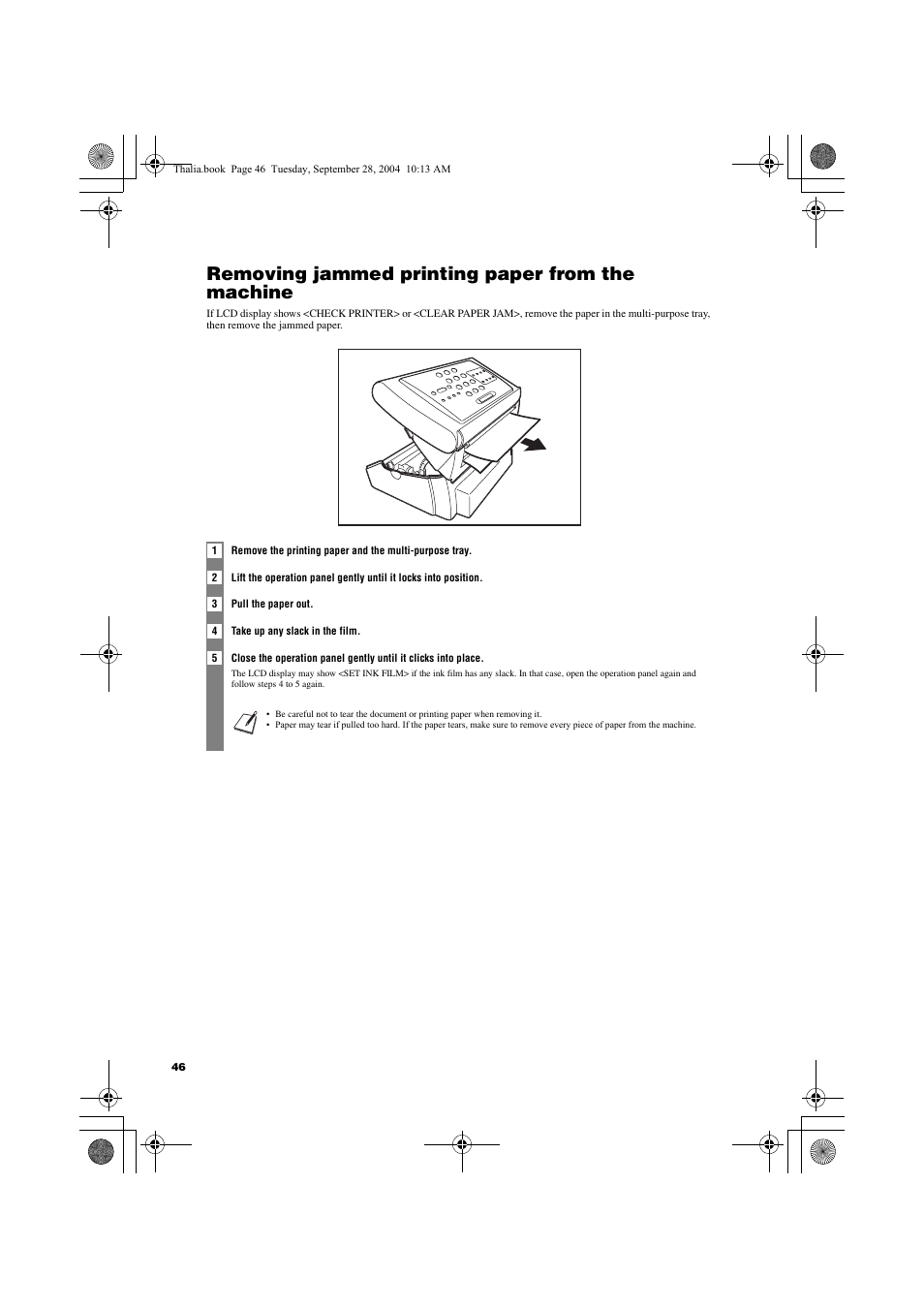 Removing jammed printing paper from the machine | Canon FAX-TT250 User Manual | Page 46 / 59