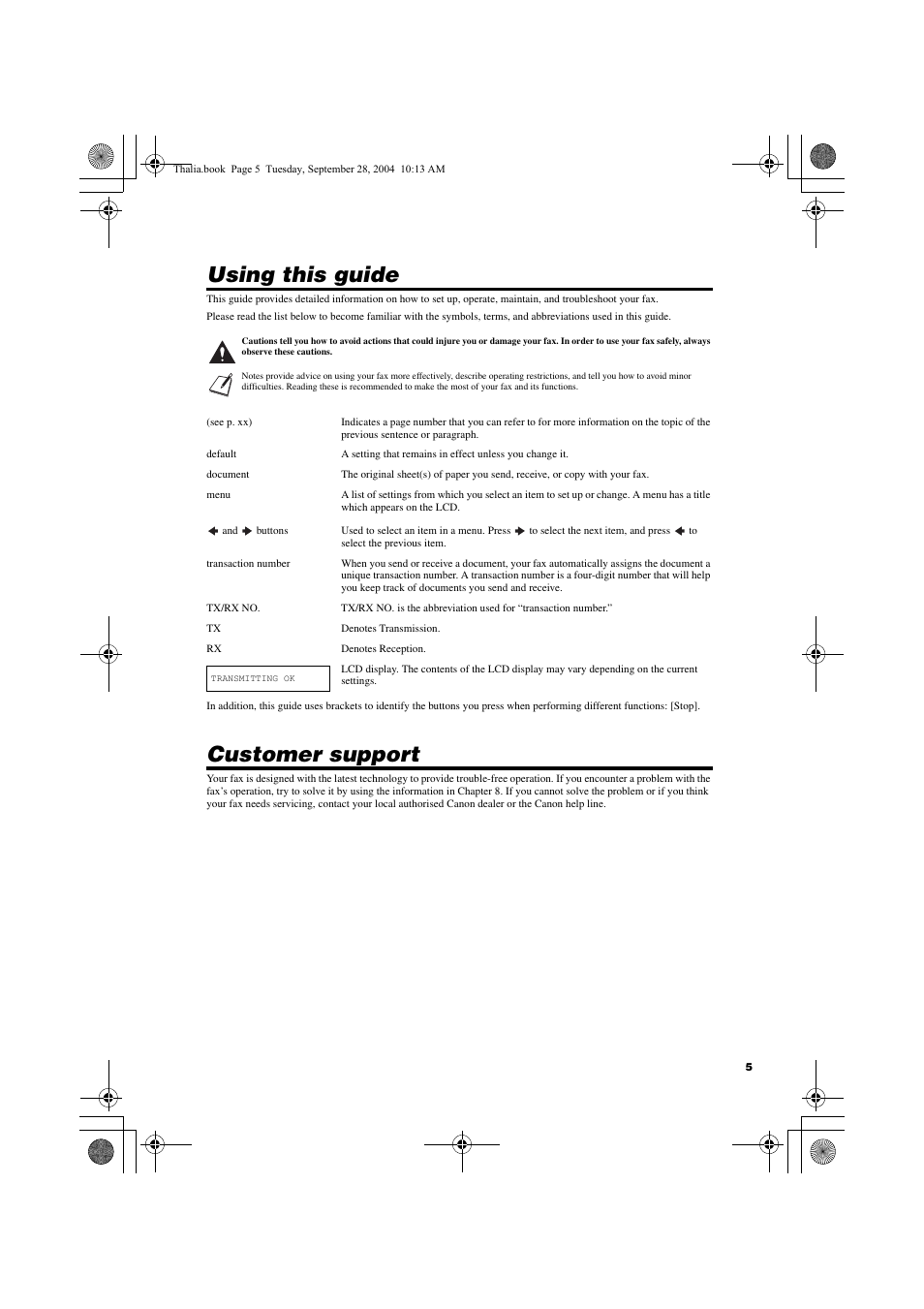 Using this guide, Customer support | Canon FAX-TT250 User Manual | Page 5 / 59