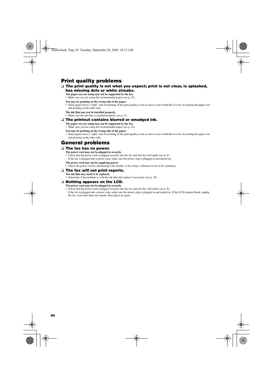 Print quality problems, General problems | Canon FAX-TT250 User Manual | Page 54 / 59