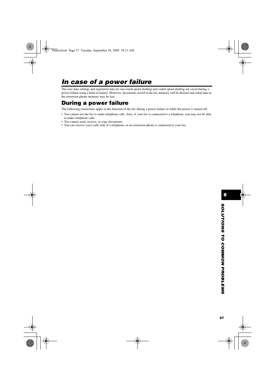 In case of a power failure, During a power failure | Canon FAX-TT250 User Manual | Page 57 / 59