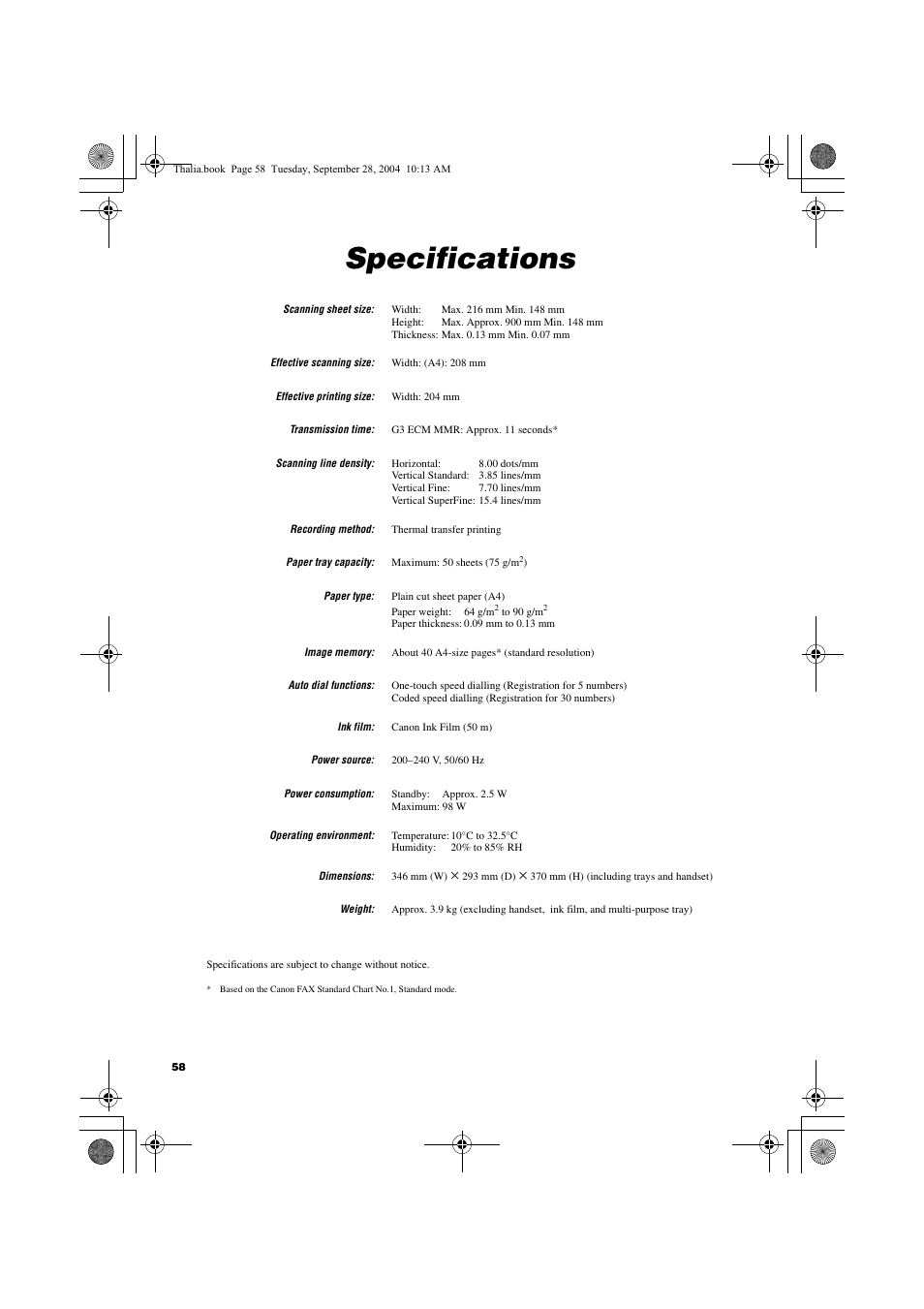 Specifications | Canon FAX-TT250 User Manual | Page 58 / 59